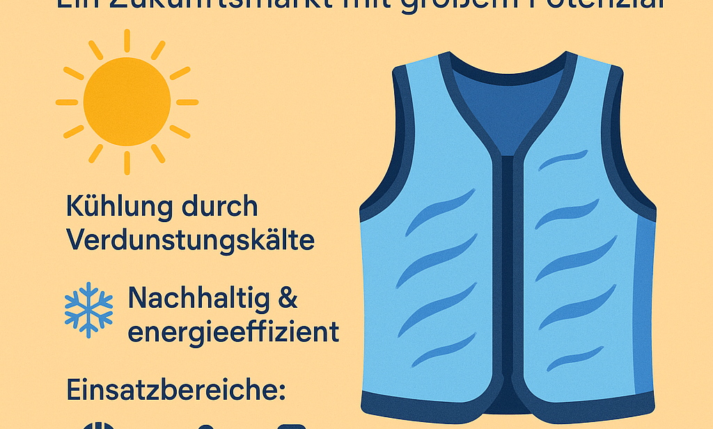 Infografik zur Cooling Fashion – zeigt kühlende Kleidung im Einsatz bei Hitze, z. B. im Büro, auf der Baustelle und beim Sport. Mit Symbolen für Temperaturreduktion, Nachhaltigkeit und UV-Schutz.