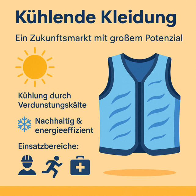 Infografik zur Cooling Fashion – zeigt kühlende Kleidung im Einsatz bei Hitze, z. B. im Büro, auf der Baustelle und beim Sport. Mit Symbolen für Temperaturreduktion, Nachhaltigkeit und UV-Schutz.