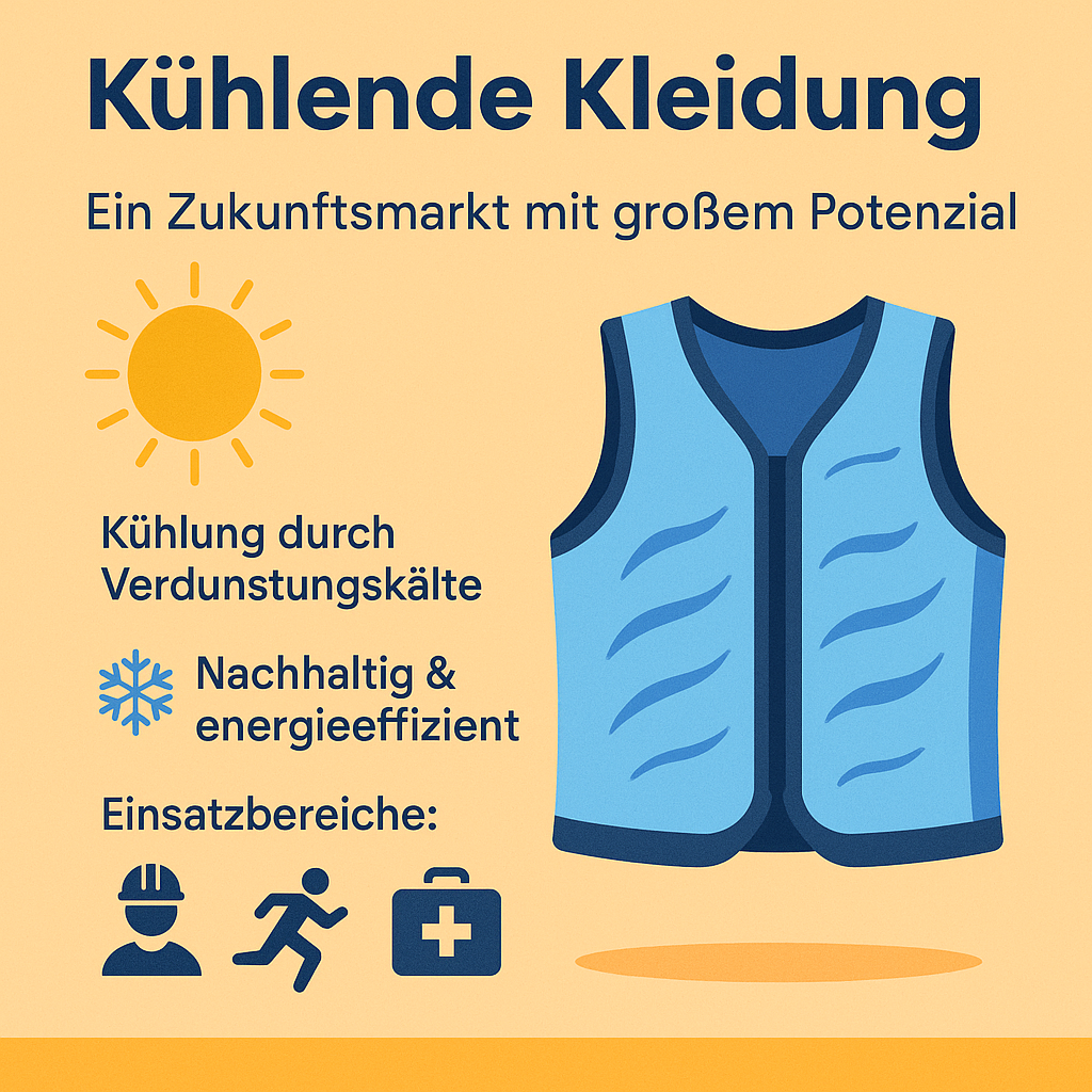 Infografik zur Cooling Fashion – zeigt kühlende Kleidung im Einsatz bei Hitze, z. B. im Büro, auf der Baustelle und beim Sport. Mit Symbolen für Temperaturreduktion, Nachhaltigkeit und UV-Schutz.